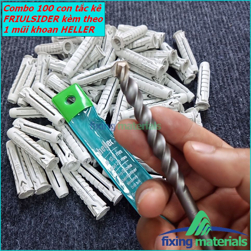 Combo 100 cái tắc kê nhựa Friulsider X1 (SX tại Ý) + 1 mũi khoan Heller (SX tại Đức)