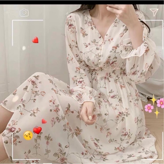 [Mã WASTMAY giảm 15% tối đa 30K đơn 150K] Đầm hoa vintage cổ V chun eo (hình shop chụp/sẵn)