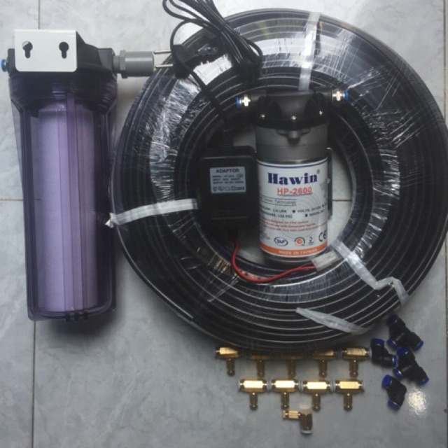 Bộ máy phun sương làm mát quán cafe hoặc vườn lan máy Hawin HP - 2600 bh 1 năm