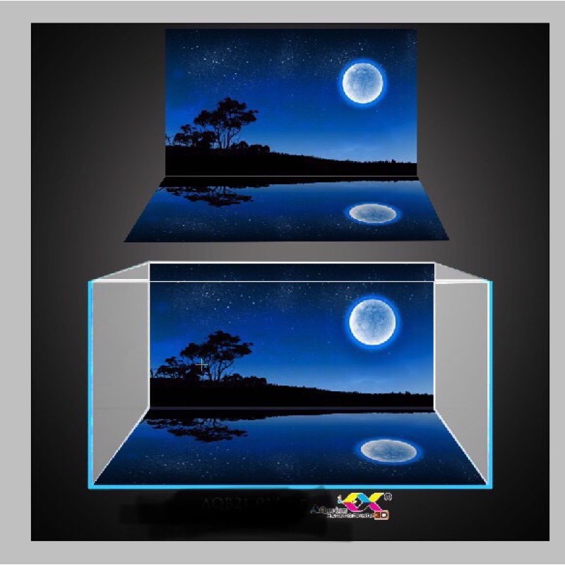 Tranh 3D dán hồ cá, bể thủy sinh, mẫu ánh trăng đêm thơ mộng, tranh có keo sẵn trên bề mặt, có thể làm theo KT yêu cầu