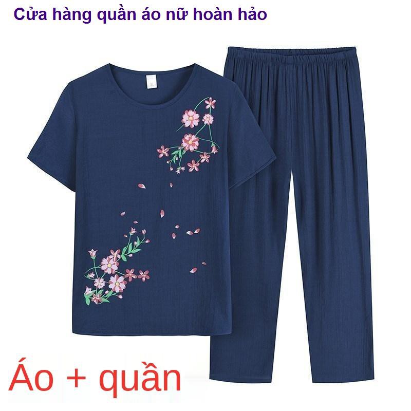 bộ đồ nữBộ đồ mùa hè bà hai mảnh Phụ nữ trung niên và cao tuổi 60 quần áo khoác ngắn tay phù hợp