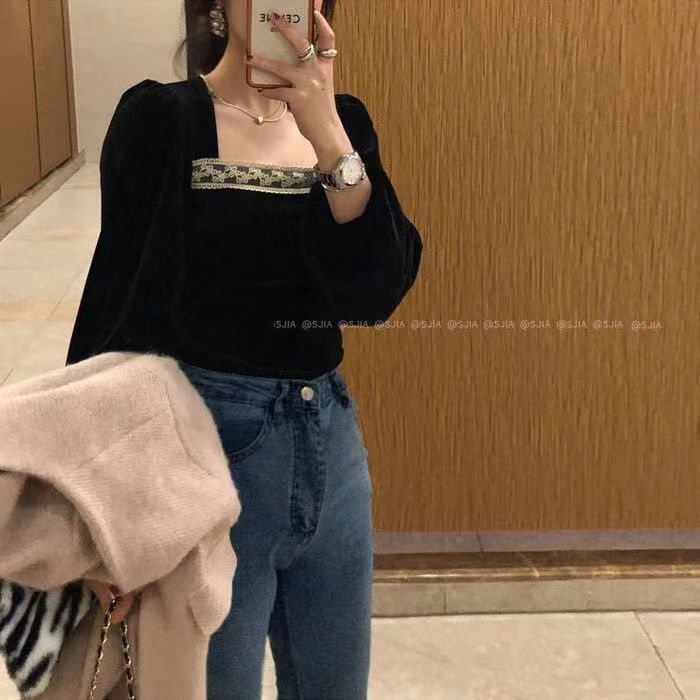 Áo Sơ Mi Tay Dài Cổ Vuông Bằng Vải Nhung Màu Đen Phong Cách Pháp Thời Trang 2022