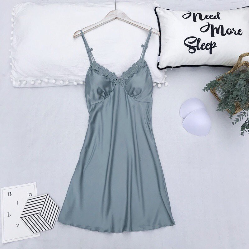 Đầm Ngủ Lụa Satin Cao Cấp Mặc Nhà Có Mút Ngực Đủ Size Dưới 85Kg DAMAD28AMK