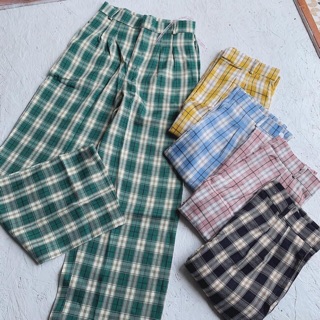 Quần kẻ caro ống xuông cạp khuy