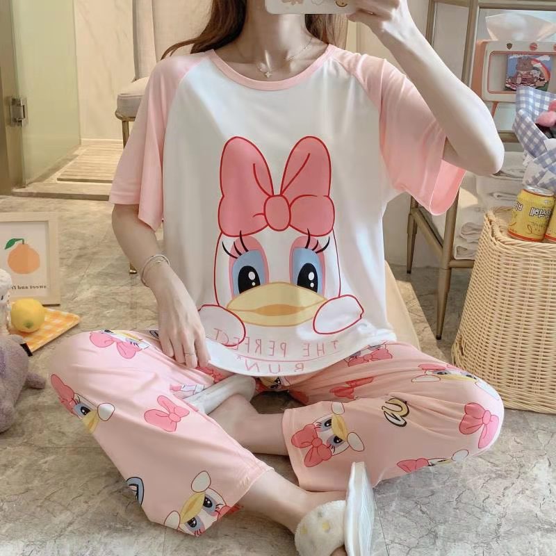 [Sẵn] Đồ bộ thun cotton quần dài, đồ mặc ở nhà Quảng Châu, pijama họa tiết hoạt hình dễ thương