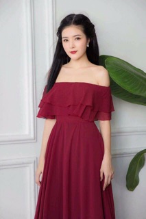 Đầm Maxi trễ vai 2 tầng bèo đỏ đô
