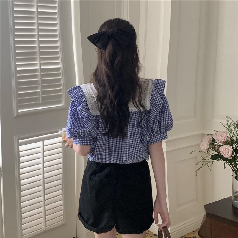 Áo Sơ Mi Tay Ngắn Cổ Vuông Họa Tiết Sọc Caro Phong Cách Retro Cho Nữ