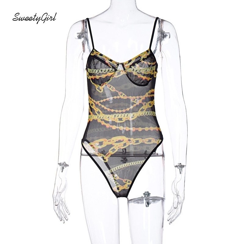 Bộ Áo Liền Quần Trong Suốt Phối Dây Xích Có Thể Điều Chỉnh Thời Trang Cho Nữ