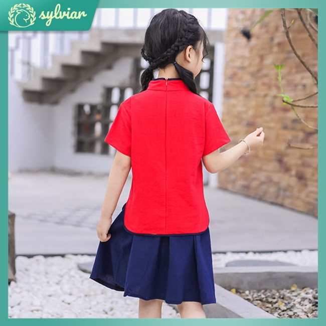 Bộ Đồ Hán Phục 2 Món Áo Tay Ngắn Phối Chân Váy Kiểu Dân Tộc Dễ Thương Cho Bé Gái