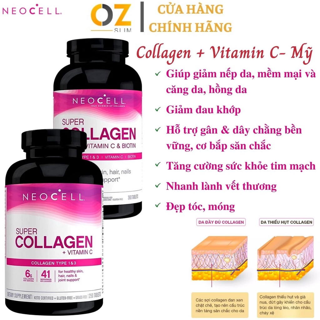 Collagen Neocell Super +C 6000mg 250 Viên Làm Đẹp Da, Móng, Tóc, Hỗ Trợ Xương Khớp Khỏe Mạnh Type 1&3