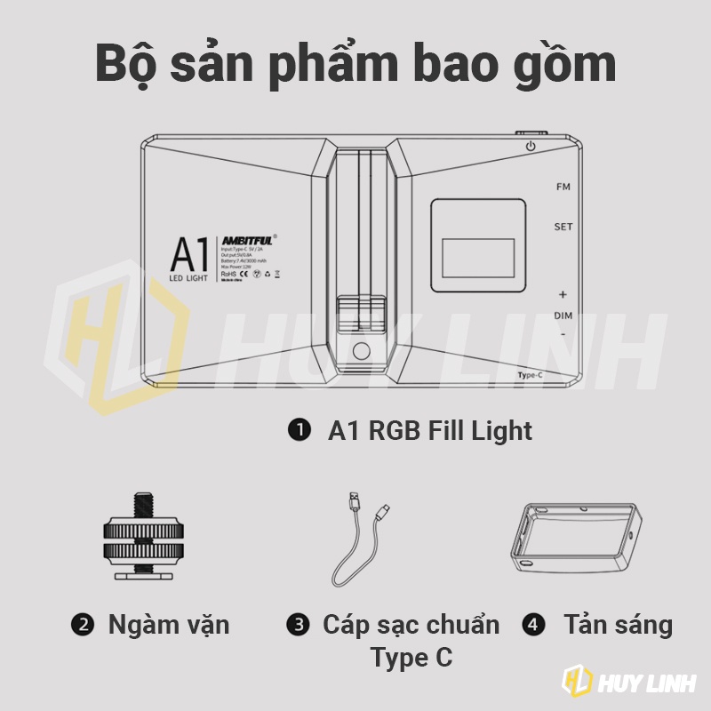 Đèn Led RGB Fill Light Ambitful A1 2500k-8500k Pin 3000 Mah - Control qua App Dimming