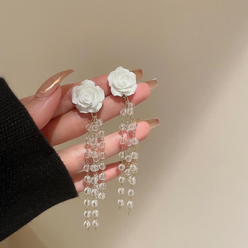 Bông tai hoa hồng màu trắng dãy pha lê thanh khiết BT286