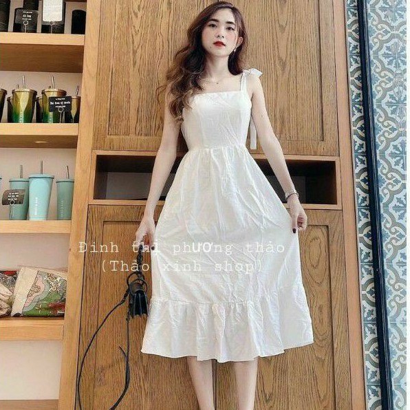 Đầm 2 dây cột nơ chất  vải đũi  mịn  đẹp mê ly  và sang trọng
