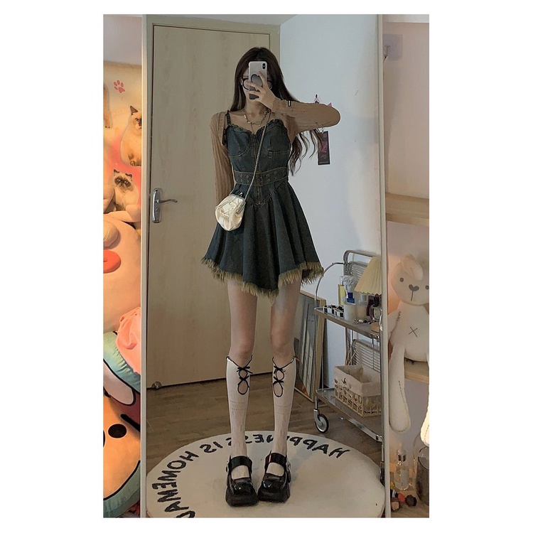 New Style Short Blouse+Sling Dress Irregular Denim Matched With Outer Shawl Sweet Cool Hot Girl Suit Women