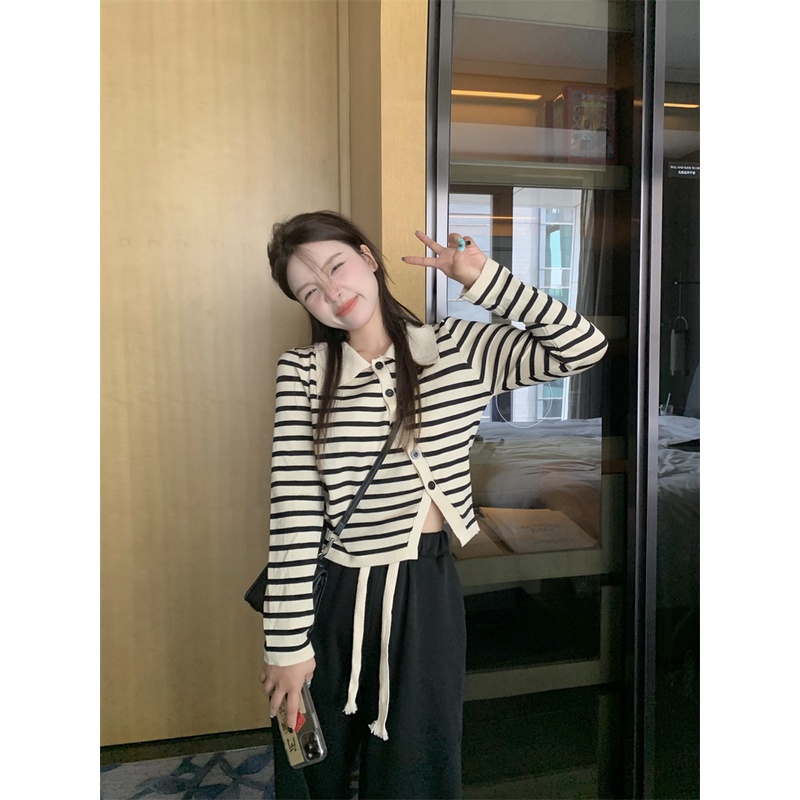 Áo cardigan ZHELIHANGFEI dệt kim cổ bẻ xẻ tà họa tiết kẻ sọc hợp thời trang