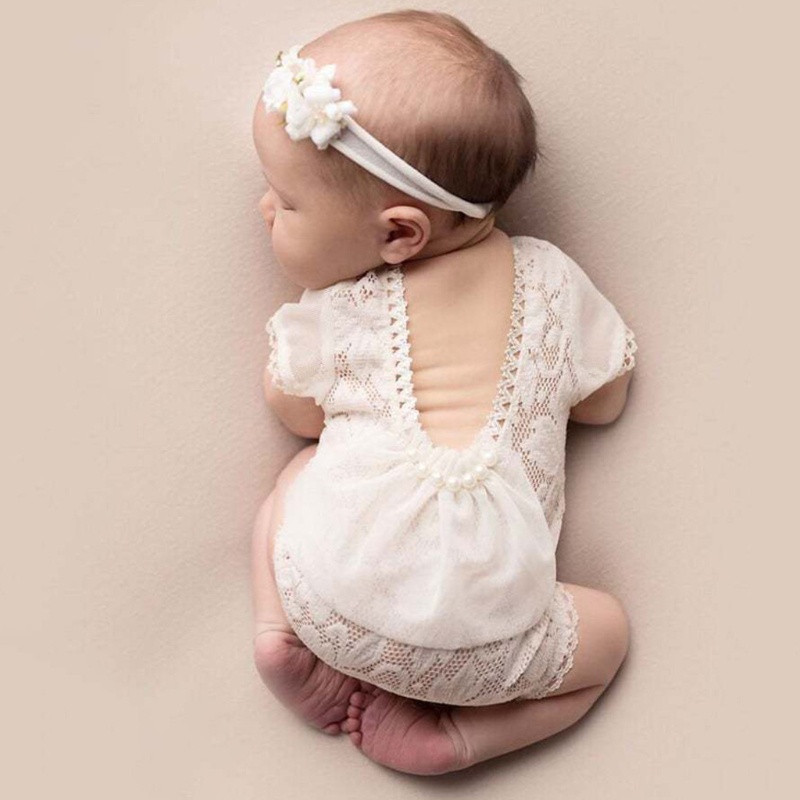 Bộ Áo Liền Quần Phối Ren + Băng Đô Xinh Xắn Dùng Làm Đạo Cụ Chụp Ảnh Cho Bé Gái