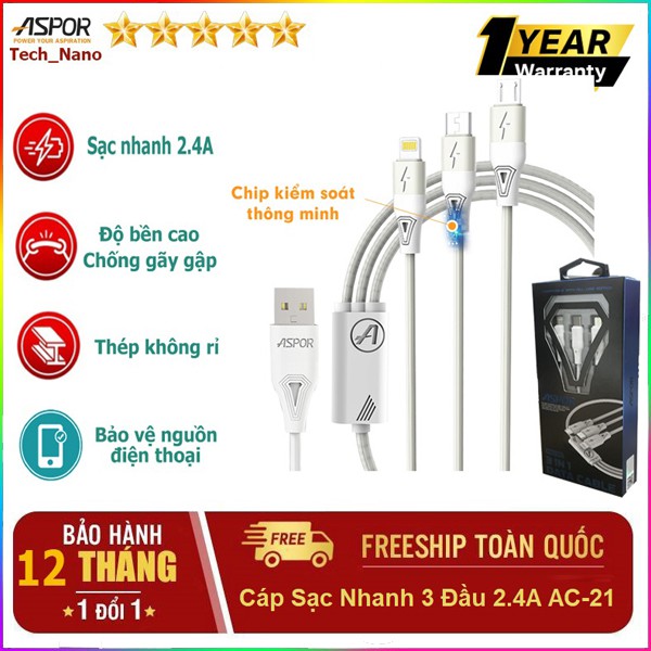 Dây Cáp Sạc Đa Năng 3 đầu 3in1 chính hãng ASPOR Model AC-21 tự ngắt có sạc nhanh Quick charger 3.0