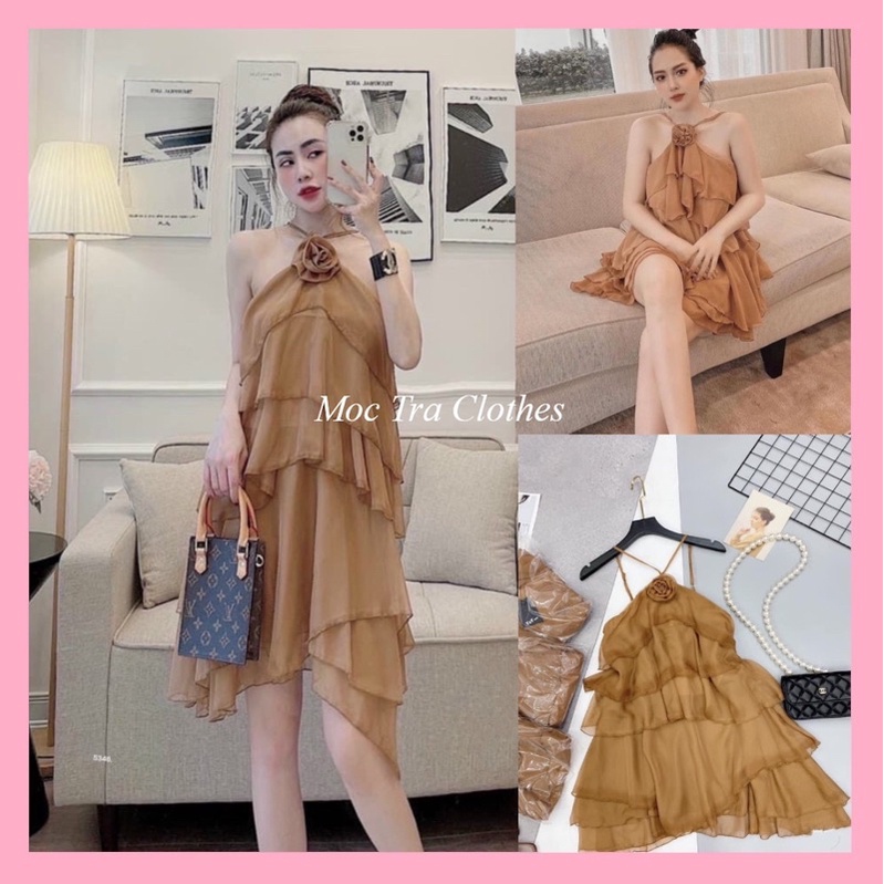 Đầm xinh BISTYY DRESS thiết kế cổ yếm dáng suông tầng tiểu thư, Váy bèo nữ đi biển kiểu dáng trẻ trung