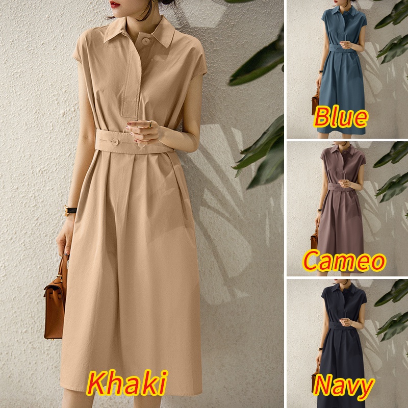 Đầm midi ZANZEA ngắn tay cổ bẻ phối thắt lưng có thể tháo rời thanh lịch thời trang cho nữ