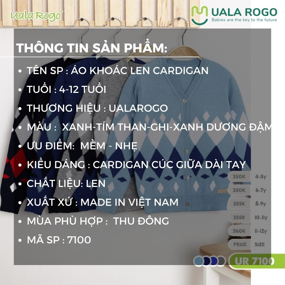 Áo khoác len dáng Cardigan Ualarogo 4-11 tuổi cúc giữa 2 túi dáng hàn quốc quần áo trẻ em UR7100