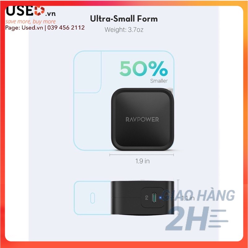 Củ Sạc RAVPower Type C PD 61W, Quick Charge 3.0, Công Nghệ GaN Siêu Nhỏ Gọn - RP-PC112 - HSHOP