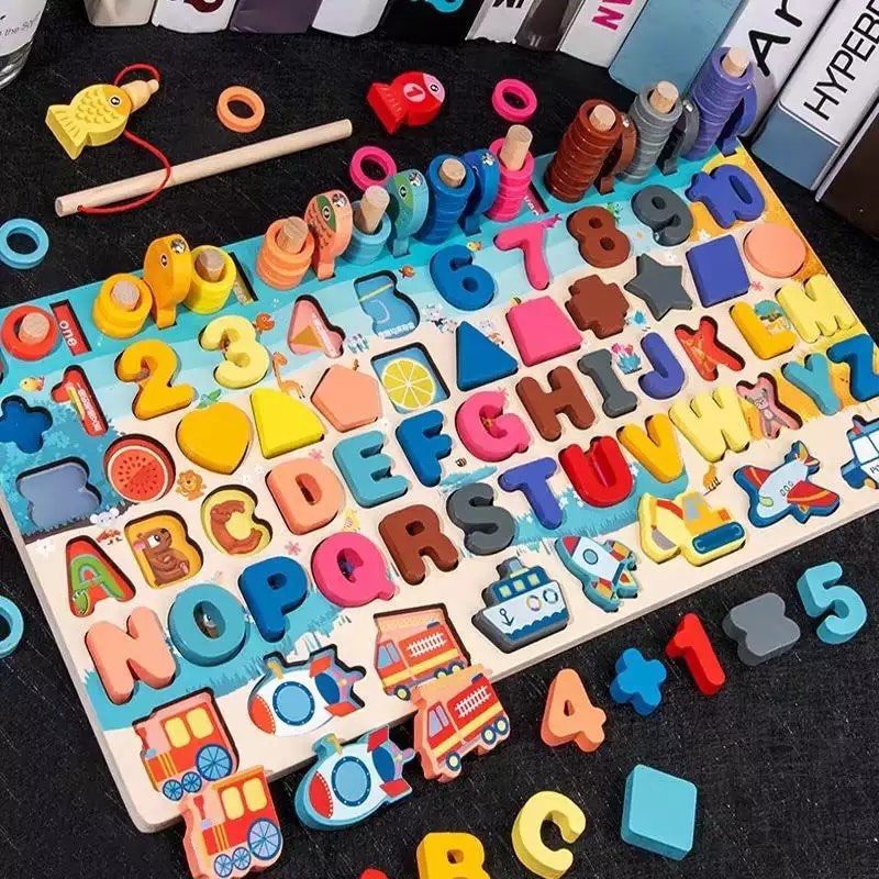 Bộ đồ chơi câu cá bảng chữ cái và ghép số học đếm cho bé, bộ bảng số và chữ thông minh bằng gỗ