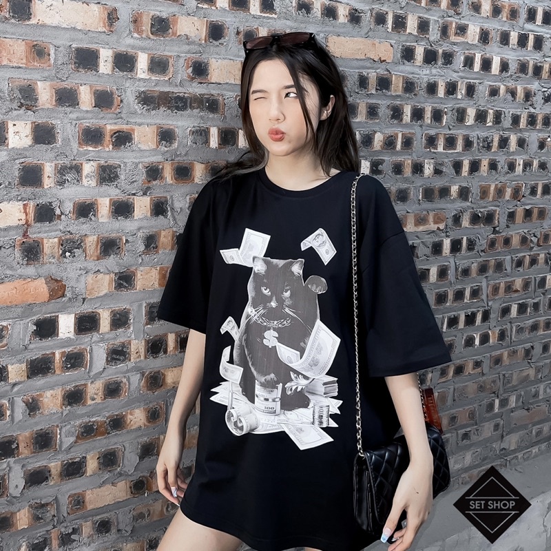 Áo thun tay lỡ unisex form rộng mèo DOLLAR chất cotton mát co dãn giá rẻ | BigBuy360 - bigbuy360.vn