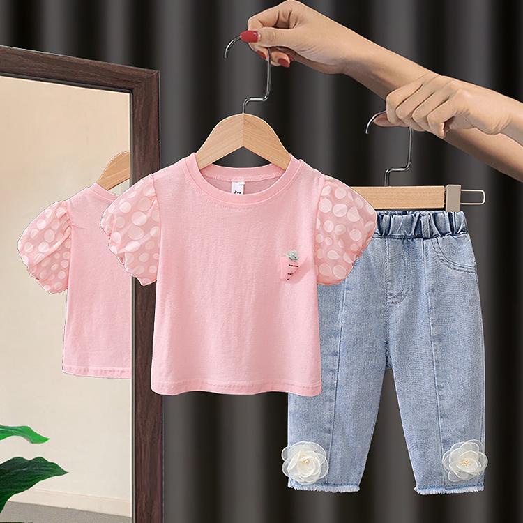 Set Đồ Năm Mới Gồm 6 Món Gồm Áo Thun Tay Phồng Và Quần Jean Dài Dành Cho Bé Gái