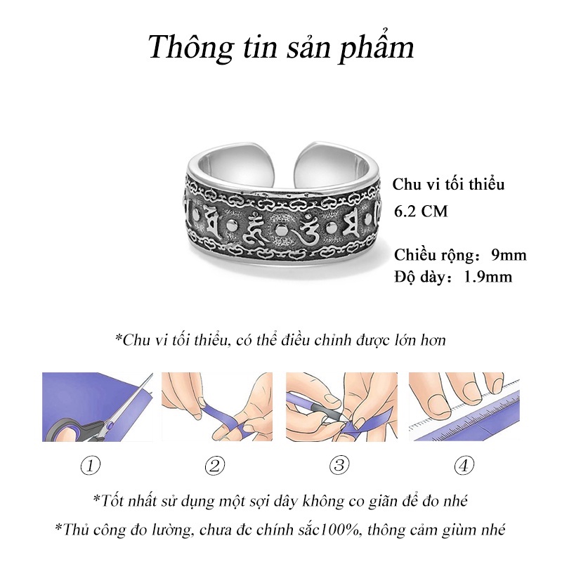 Nhẫn Nam Cổ điển Tiếng Tây Tạng Thay đổi vận may S925 được khắc bên trong Bạc Thái Phong cách Lớn NH-191