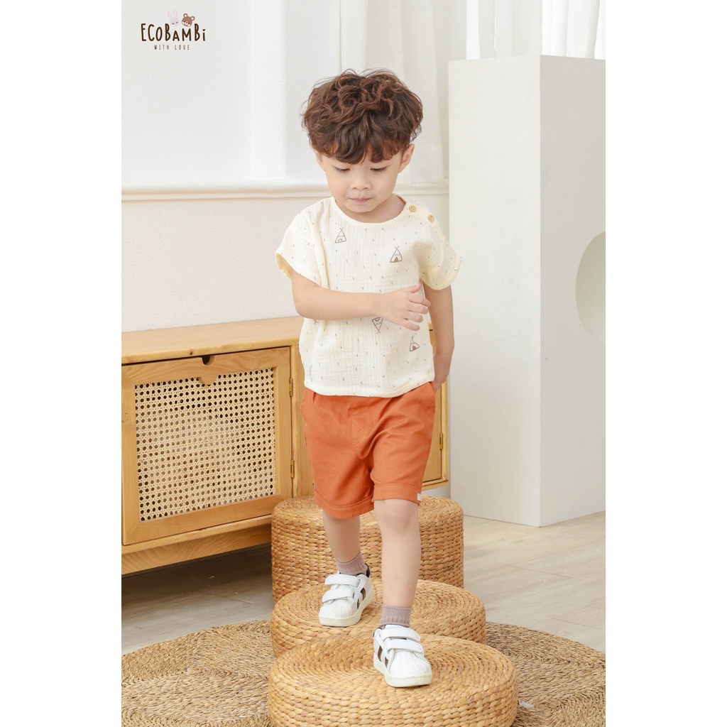 Áo UNISEX cotton Muslin tay ngắn phong cách Hàn Quốc năng động in hoạ tiết cho bé - Ecobambi