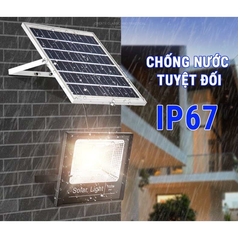 Đèn pha năng lượng mặt trời 100w IP67 sáng mạnh, pin lâu - Tấm pin rời dây nối 5m và kèm remote điều khiển