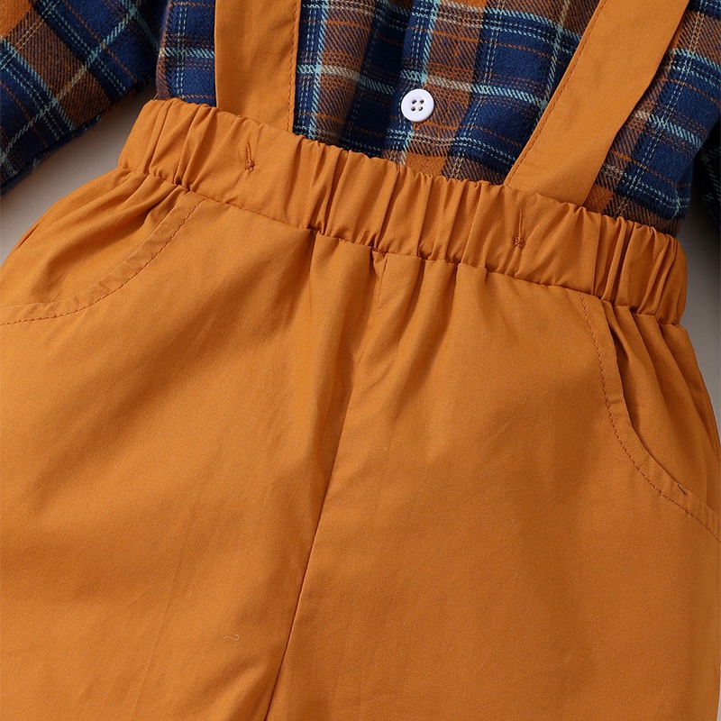 Bộ trang phục 2 món MIKRDOO áo sơ mi tay dài sọc ca rô quần hai dây phong cách lịch lãm thời trang tiệc tùng cho bé trai