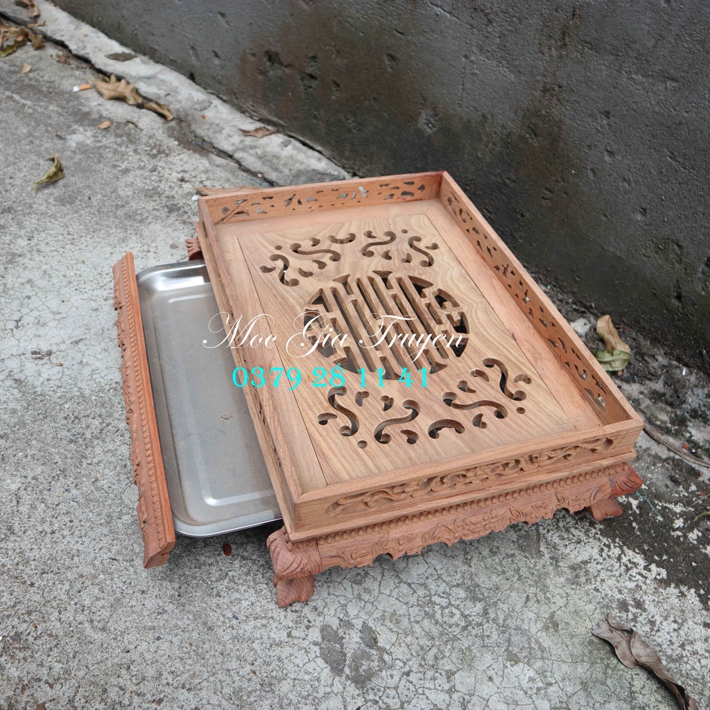 Khay trà phòng khách bàn trà chân quỳ gỗ hương có khay inox