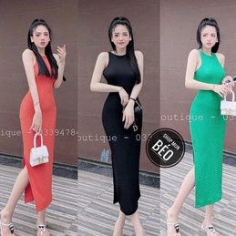 Đầm 3 lỗ maxi ôm body kiểu xẻ tà bên cực xinh , chất thun gân dày dặn mềm mịn
