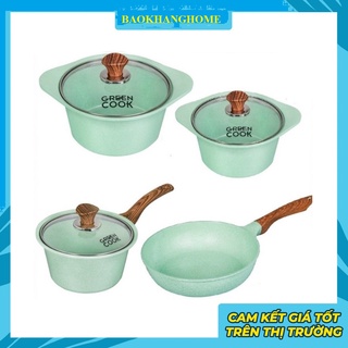Bộ nồi chảo đúc men đá đáy từ chống dính men đá xanh ngọc greencook size 18/20/24 và chảo