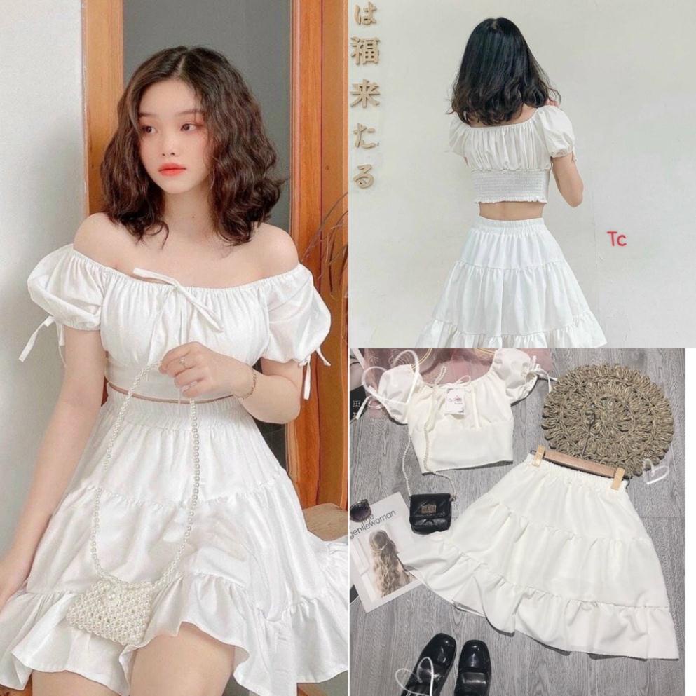 Set Bộ Áo Croptop Nữ Cổ Vuông Chân Váy Xòe Trắng dưới 60kg - Áo Nữ Cộc Tay Kèm Chân Váy Ngắn X0124 [Sản Phẩm Như Hình]