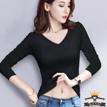 xả Áo thun cổ tim nữ dài tay KING Áo phông GIẤY tay dài trơn dáng ôm chất cotton W06 Xịn New