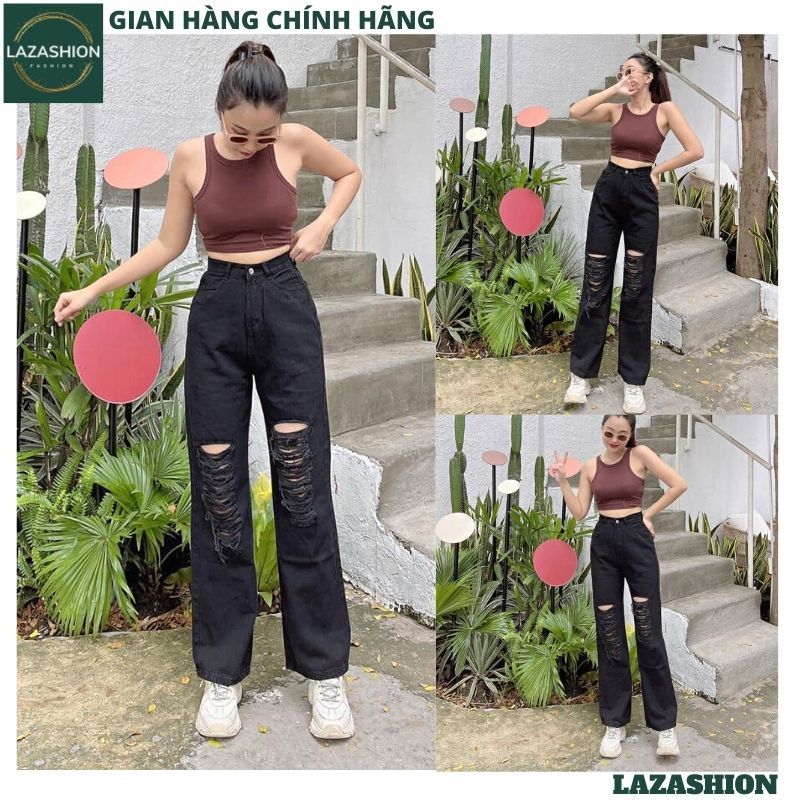 Quần jean nữ ống rộng lưng cao màu đen rách nhiều, quần bò ống suông đứng cạp cao - LAZASHION