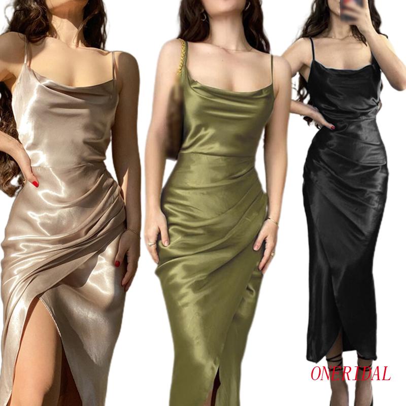 Đầm Hai Dây Dáng Dài Ôm Hở Lưng Bằng Vải Satin Viền Nhúng Màu Trơn Gợi Cảm Dành Cho Bạn Nữ Đi Hộp Đêm