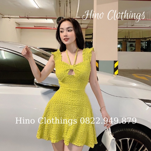 Đầm gân cột cổ moking lưng nơ ngực có lót quần 2 màu H030