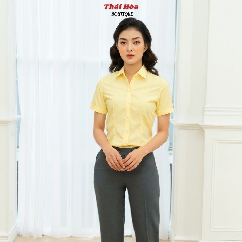 Áo sơ mi nữ tay ngắn kiểu công sở bigsize màu vàng đẹp cotton Thái Hoà N047-02-01