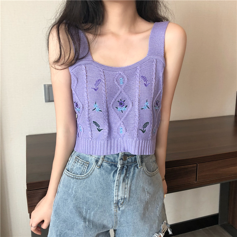 (MỚI) Áo sát nách dệt kim hoạ tiết hoa thêu thiết kế tôn dáng (6 màu lựa chọn)