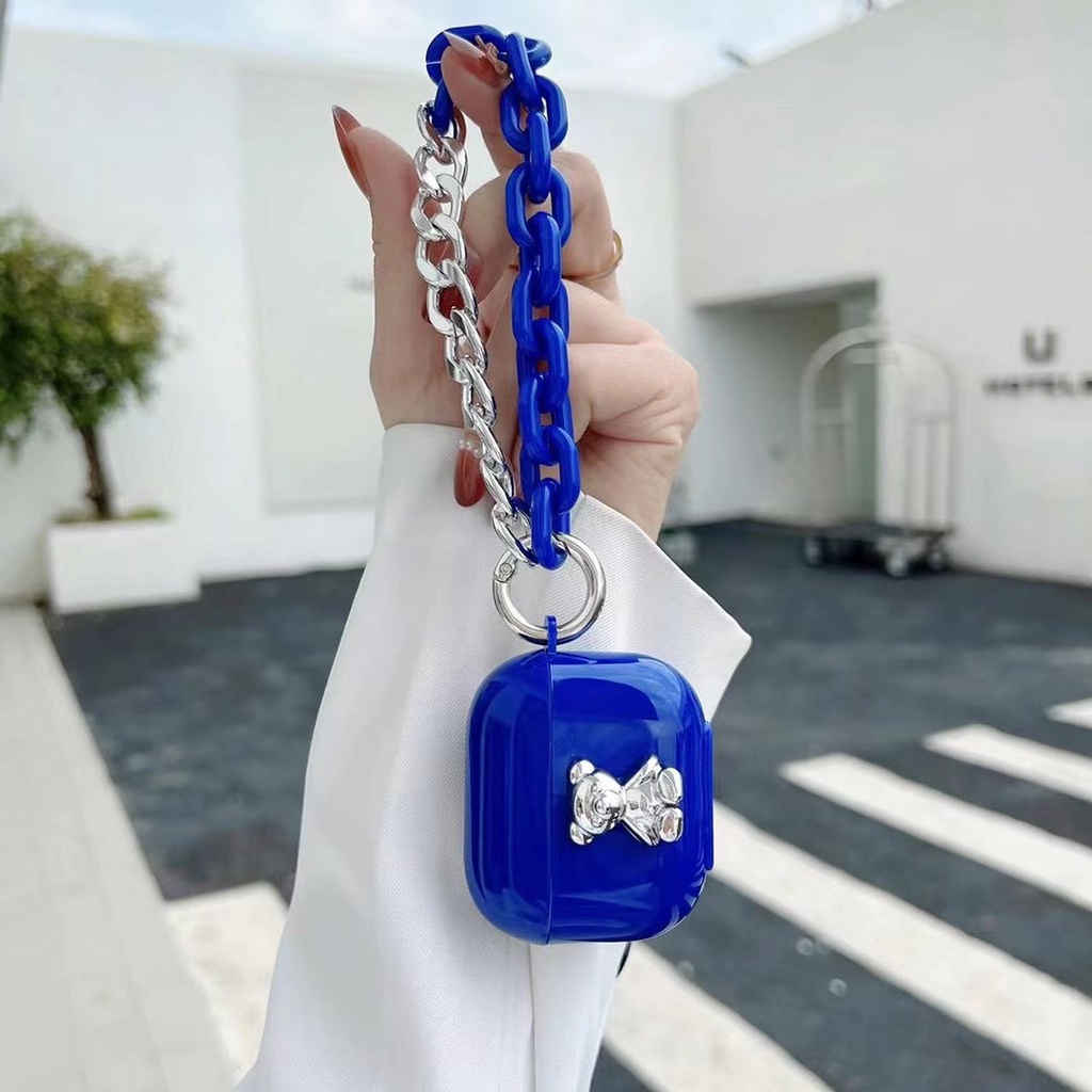 Vỏ tpu mềm bảo vệ hộp sạc tai nghe bluetooth đính sapphire hình gấu gắn chuỗi dây thích hợp cho airpods 1/2 pro