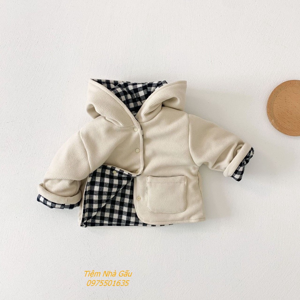 Áo Khoác Liền Mũ Nhung tăm dày dặn cho bé mặc được 2 mặt phong cách Hàn Quốc