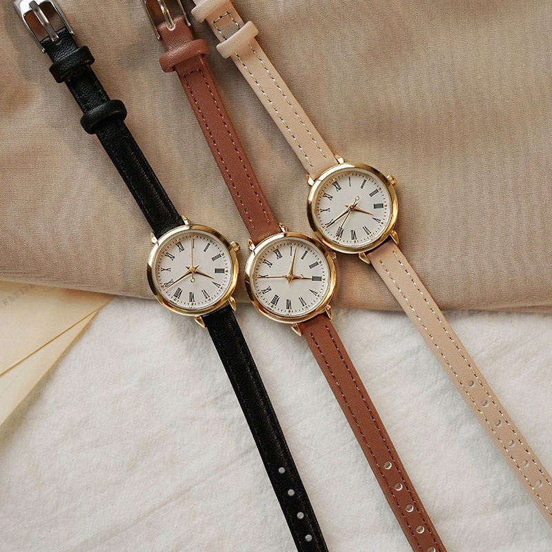 Đồng Hồ Nữ Dây Da Mặt Tròn Nhỏ Xinh Phong Cách Retro
