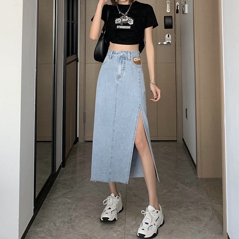 Chân váy jean chữ A lưng cao xẻ tà thời trang mới cho nữ