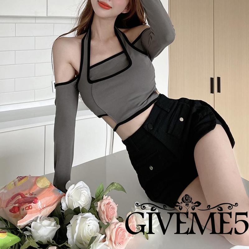 Áo croptop tay dài trễ vai màu xám/đen thời trang xuân hè cho nữ
