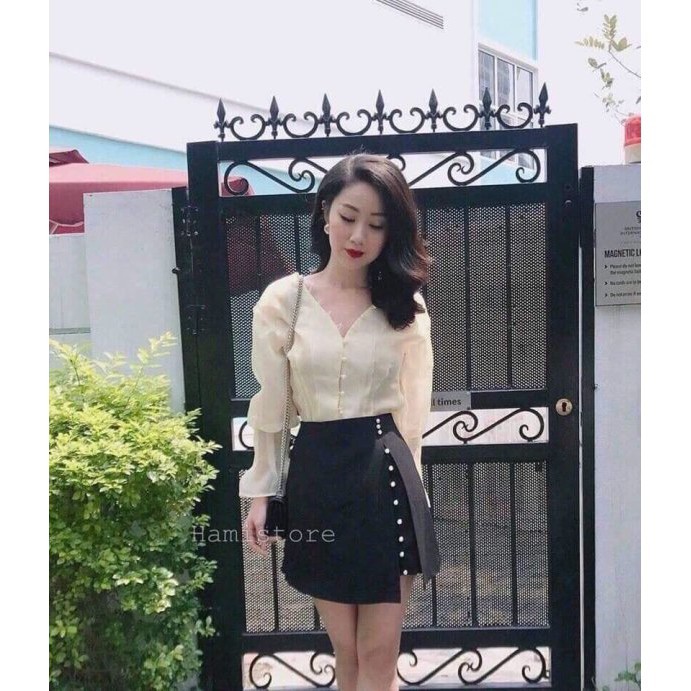 🎉SALE🎉 Set Bộ Hạt Ngọc Áo Voan Tay Dài + Chân Váy Xẻ Tà - Style Tiểu Thư Chanh Sả [ Ảnh thật ]