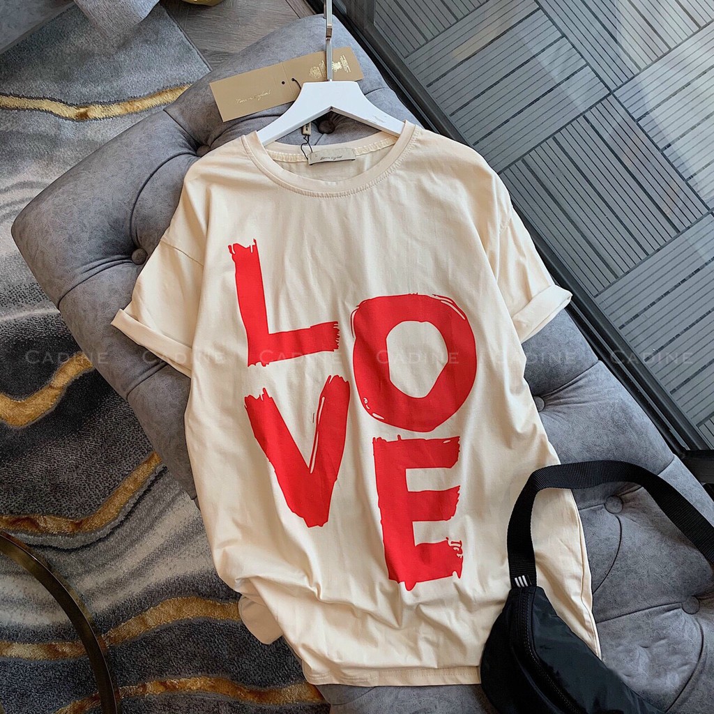 Áo thun tay lỡ form rộng áo phông unisex nam nữ cổ tròn oversize màu be in chữ love 3D