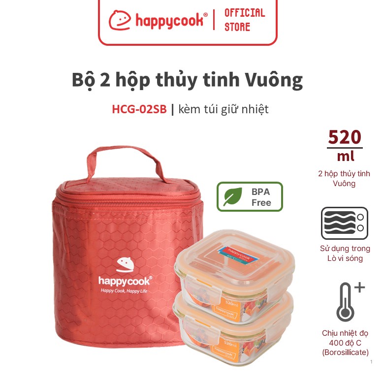 Bộ 2 hộp thủy tinh tròn 400ml Happy Cook kèm túi giữ nhiệt HCG-02C